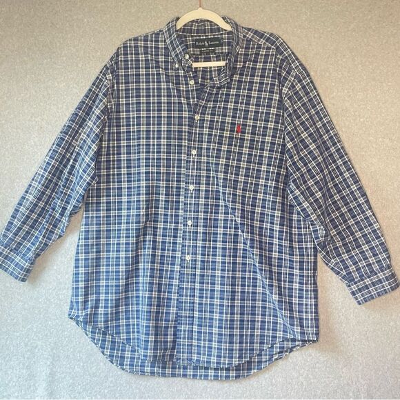 Ralph Lauren Blue Casual Button Down Shirt Classic Fit Plaid sz. 17 32/33 #FF - Picture 1 of 11